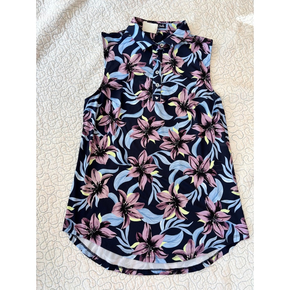 Bad Birdie Womens Size XL Sleeveless Polo Shirt Navy Floral Golf replacement Tag